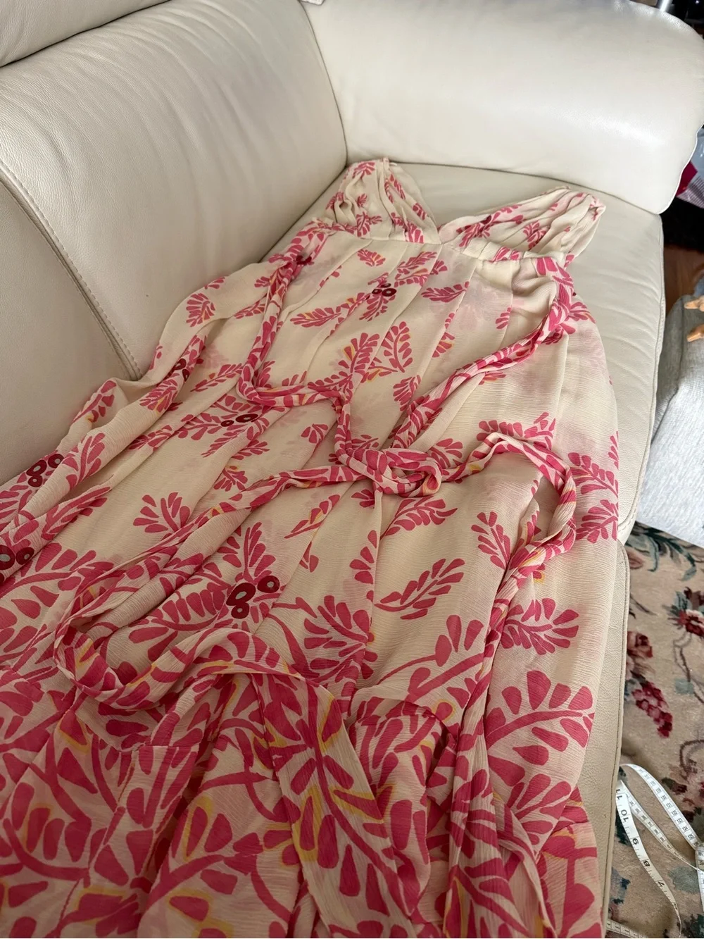 Temperley London Silk Cream Midi Dress with Pink Floral Motif - Picture 3 of 8